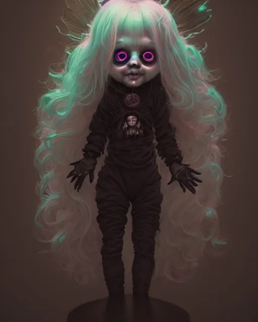 Image similar to one singular portrait of a cute bioluminescent creepy doll from nightmares with glowing eyes, highly detailed, digital painting, cinematic, hyper realism, dark retrowave, art by stanley lau and artgerm and magali villeneuve and alphonse mucha, artstation, octane render, cgsociety