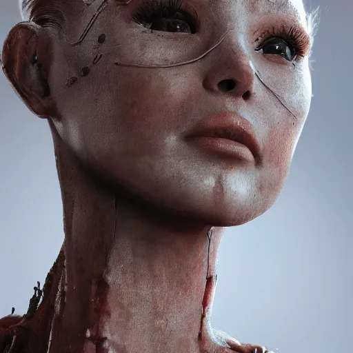 Image similar to photographic stil of beautiful model, a human robot woman, artificial flesh, bones, westworld style, medium - shot, insanely detailed, photorealistic, beautiful soft light, octane render, by annie leibowtiz