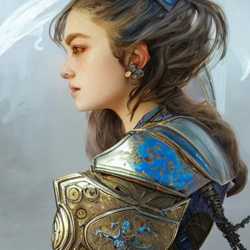 Image similar to portrait knights of Zodiac girl, silver and metalic blue color reflected armor, in ruined Agora of Athens, ssci-fi, fantasy, intricate, very very beautiful, elegant, golden light, highly detailed, digital painting, artstation, concept art, smooth, sharp focus, illustration, art by tian zi and WLOP and alphonse mucha