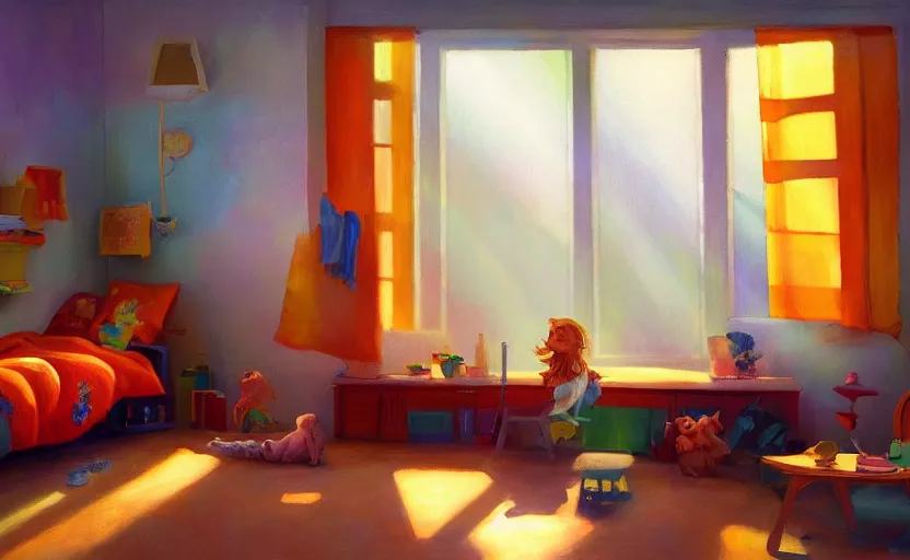 Prompt: happy morning and the rays of the morning sun shining through the window of kid's room in the village house clear sky, warm colors, coherent shadows, one point lighting, happy mood, oil painting, high detail, trending on artstation
