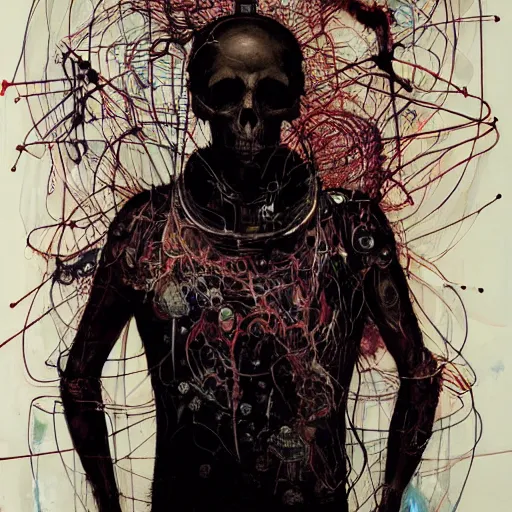 Image similar to in a dark room, a male cyberpunk hacker, skulls, wires cybernetic implants, machine noir steelpunk grimcore, in the style of adrian ghenie esao andrews jenny saville surrealism dark art by james jean takato yamamoto and by ashley wood