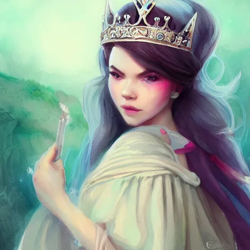 Prompt: beautiful princess, in love, happy, wearing princess medieval robe, wearing a tiara, WLOP, artgerm, Jason Chan, Charlie Bowater, Sergey Kolesov, medieval, fantasy d&d, watercolor on paper, hyper detail portrait, closeup on face, dark pastel castle background