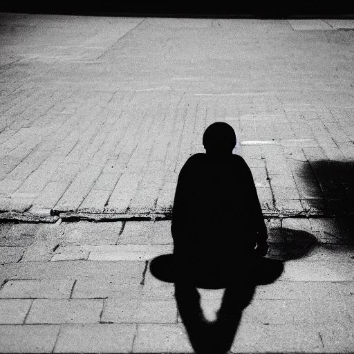 Image similar to a picture of a shadowy figure sitting on pavement deep underwater, godrays, black-and-white, 35mm