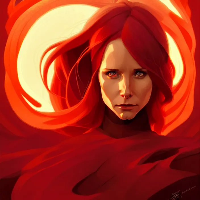 Prompt: style artgerm, joshua middleton, marc simonetti, beautiful kristen bell with dark red dress, very long orange hair, symmetrical face, symmetrical eyes, fire powers fire swirling, detailed, volcano setting, cinematic lighting