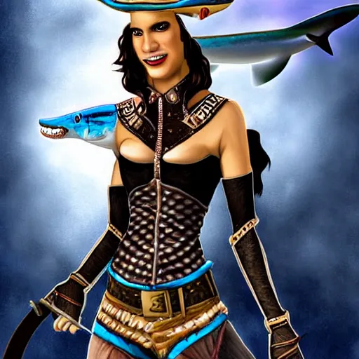 Image similar to Swashbuckling female pirate with iridescent shark skin, digital art, wearing shark skin clothing, digital art