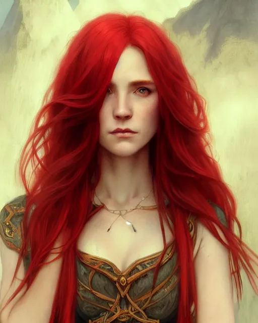 Image similar to long red hair mage, portrait, gentle, scowl, cloth, female, city background, d & d, fantasy, intricate, elegant, digital painting, red green color palette, artstation, octane render, concept art, matte, sharp focus, illustration, herrarthstone, art by artgerm and greg rutkowski and alphonse mucha