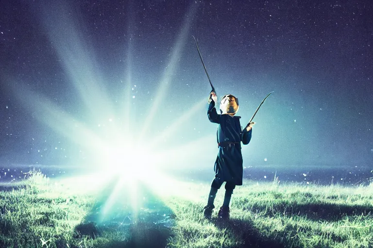 Image similar to a young wizard points their wand, a blast of bright magic flies from the end of the wand, on an empty moonlit moor, dramatic lighting, lens flare, cinematic photography