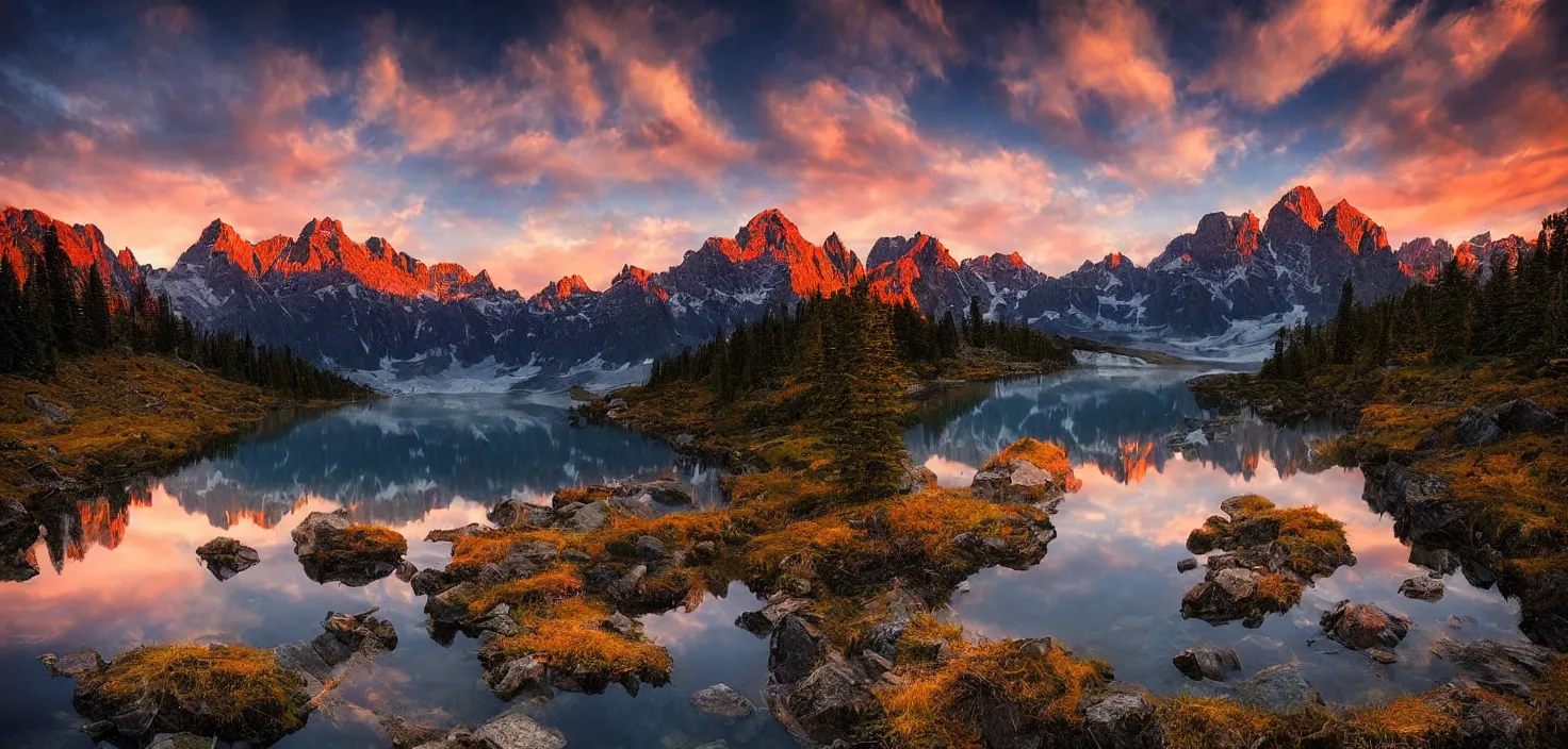 Image similar to amazing landscape photo of mountains with lake in sunset by marc adamus, beautiful dramatic lighting