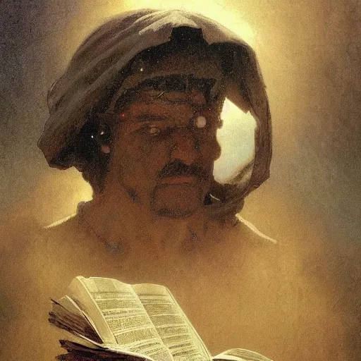 Prompt: half portait of magican wearing a closed cowl holding a big old book!, jeremy mann, jean leon gerome, alphonse mucha, greg rutkowski, hood covers his eyes, chains on his wrist, ( ( ruins of ancient rome ) ), at dusk, mysterious atmosphere, sunrays, dof, masterpiece, high detailed, 8 k