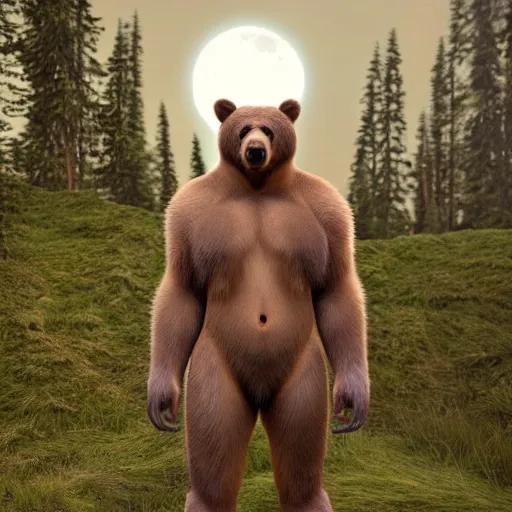 Image similar to man transforming into an anthro bear at night, full body, hyper realistic, hyper detailed, 8 k, unreal engine, realistic brown fur, full moon background, ray tracing