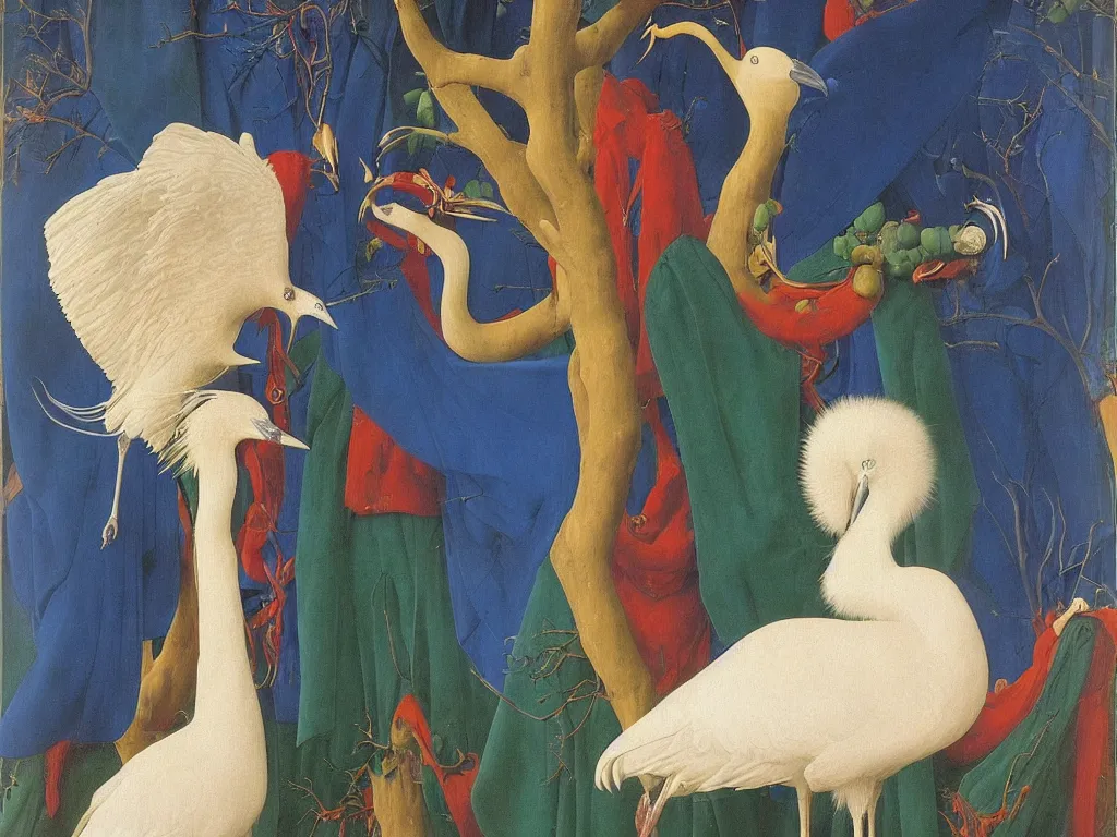 Image similar to Portrait of albino mystic with blue eyes, with exotic beautiful crane. Painting by Jan van Eyck, Audubon, Rene Magritte, Agnes Pelton, Max Ernst, Walton Ford