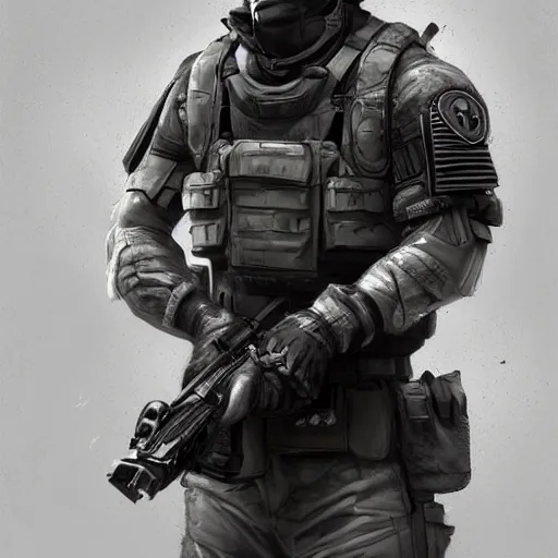 Prompt: Wounded Mercenary Special Forces soldier in grey uniform with black armored vest in a battlefield 2020, by Feng Zhu, highly detailed, excellent composition, cinematic concept art, dramatic lighting, trending on ArtStation