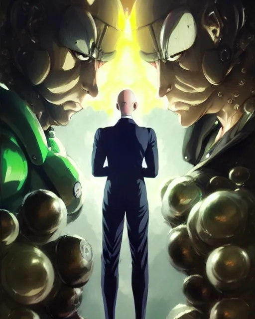 Image similar to one punch man in a suit as luigi, fantasy character portrait, ultra realistic, concept art, intricate details, highly detailed by greg rutkowski, ilya kuvshinov, gaston bussiere, craig mullins, simon bisley