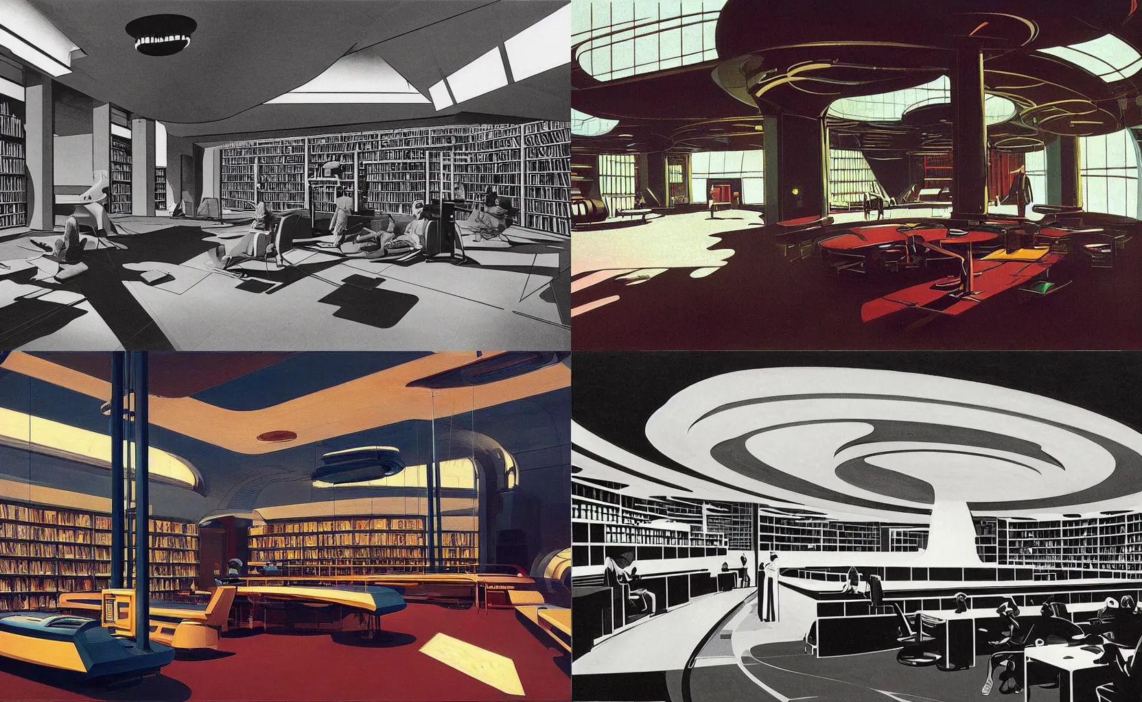 Prompt: the inside of a library in the far future, in space, sleek, futuristic, sci-fi, painting by Syd Mead and Edward Hopper