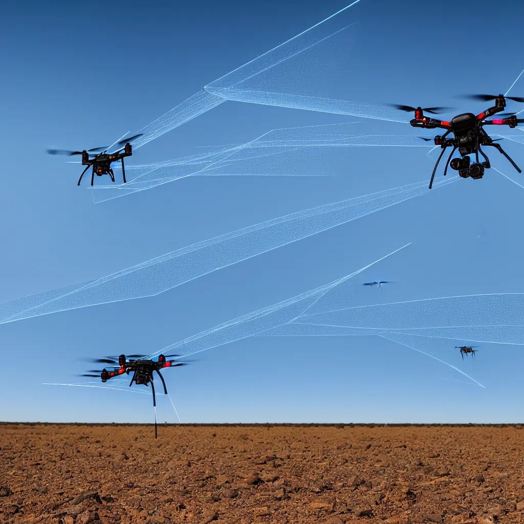 Prompt: bright blue colored drone aircraft shooting insect pests with a laser in the australian desert, XF IQ4, 150MP, 50mm, F1.4, ISO 200, 1/160s, natural light