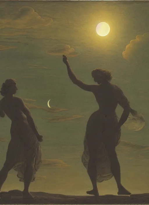 Prompt: three backlit silhouettes of ancient greek venus observing an eclipse at dusk, painted by caspar david friedrich