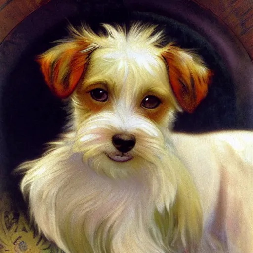 Prompt: a high quality painting of a very cute scruffy wire haired jack russell terrier puppy, white with chocolate brown spots, brown patches over both eyes. friendly, curious expression. painting by alphonse mucha