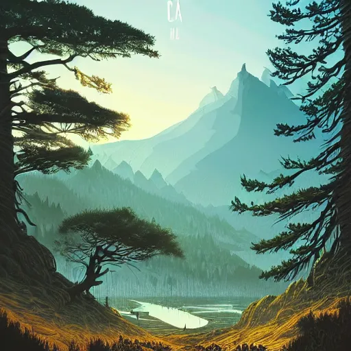 Image similar to a beautiful landscape with trees and mountains, by dan mumford, artstation, behance, highly detailed, concept art, dramatic lighting, magic hour lighting