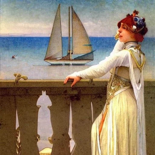 Prompt: A jester girl behind the beach castle balustrade, sail boat on the background, major arcana clothes, by paul delaroche, alphonse mucha and arnold böcklin arnold böcklin hyperrealistic 8k, very detailed