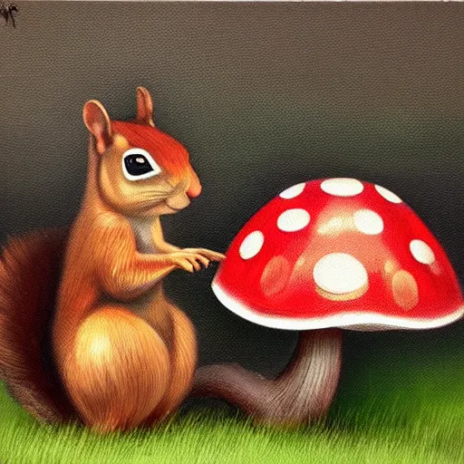 Prompt: a squirrel hiding from the rain under a mushroom, artstationhq, trending on artstation, oil painting
