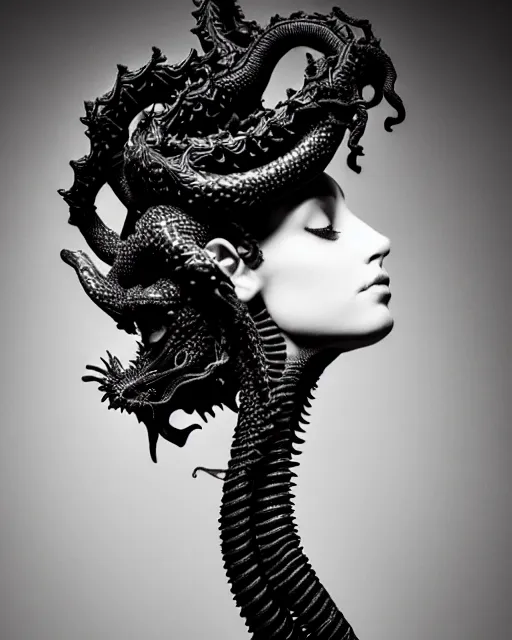 Image similar to dark background, a black and white high quality dreamy photo of a young beautiful female queen-dragon-vegetal-cyborg bust with a very long neck and delicate Mandelbrot fractal face, elegant, highly detailed, flesh highly baroque ornate, hair are curled wired cables, elegant, poetic, soft, dreamy, mysterious, high fashion, rim light, in the style of Ellen von Unwerth, Realistic, Refined, Digital Art, Highly Detailed, Cinematic Lighting, rim light, black and white, photo-realistic, 8K