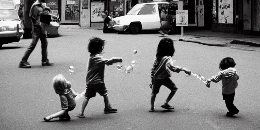 Image similar to street, 2 tomboys blow gum bubbles, 1 9 8 0 s film photography, exposed b & w photography, christopher morris photography, bruce davidson photography, peter marlow photography