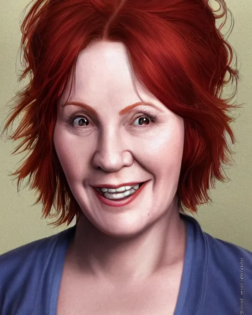 Image similar to portrait of happy short and plump 5 0 - year - old woman with red hair and, kind face, round face, short hair, molly weasley, wearing in cardigan, hyper realistic face, beautiful eyes, character art, art by mark brooks, hyperdetailed, cryengine, trending on artstation, digital art