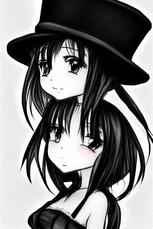 Prompt: highly detailed, cute loli in a tall black top hat, face profile, pencil sketch, gray scale, anime style