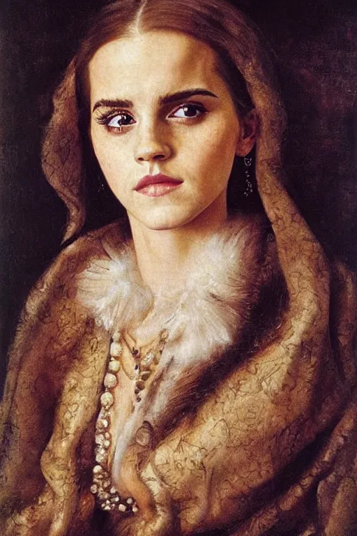 Image similar to stunning adorable portrait of emma watson, oil painting by jan van eyck and diego velazquez, oil on canvas, wet - on - wet technique, realistic, expressive emotions, detailed textures, illusionistic detail