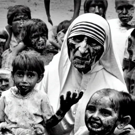 Image similar to zombie mother teresa giving food out at an orphanage