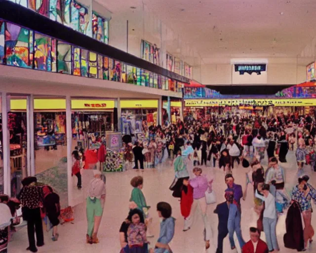 Image similar to the interior of a colorful 1 9 8 0 s mall packed with mall - goers