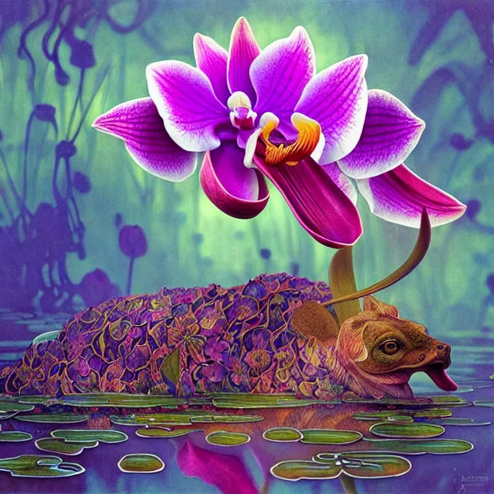 Image similar to psychedelic animal made of orchid on pond of waterlilies, diffuse lighting, fantasy, intricate, elegant, highly detailed, lifelike, photorealistic, digital painting, artstation, illustration, concept art, smooth, sharp focus, art by John Collier and Albert Aublet and Krenz Cushart and Artem Demura and Alphonse Mucha