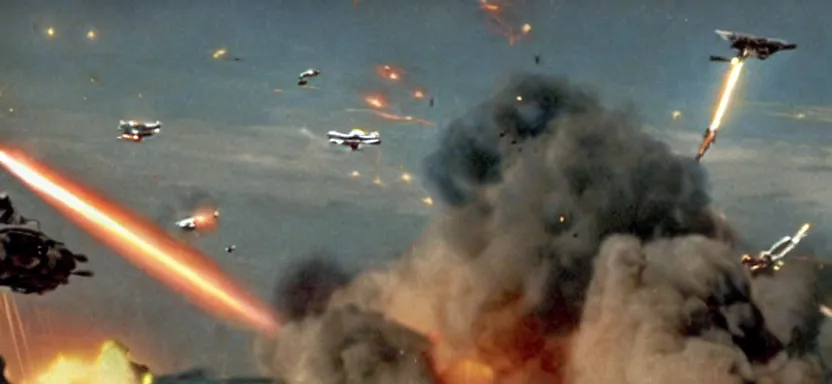 Prompt: a film still of an epic ww 2 space battle, explosions, directed by roger corman, wide angle, rule of thirds, colorful, thunderbirds, hbo, 4 k, hd, hyperrealistic, 7 0 mm