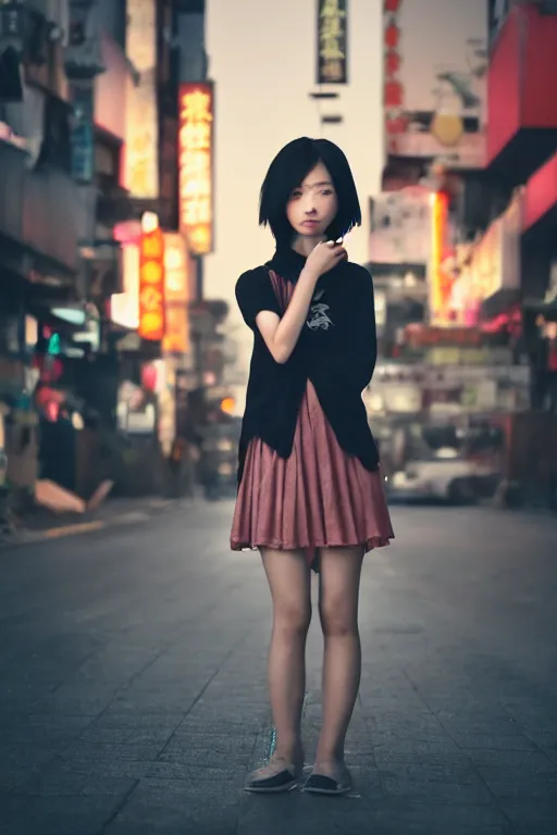 Image similar to a beautiful gorgeous Japanese edgy model girl with short hair, she's sad, sunset, street of Hong Kong, 80mm lens, 1.2 aperture, grainy image, close up, cinematic light, very detailed, depressing atmosphere, cover magazine