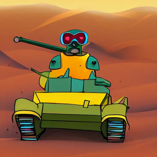 Image similar to A dog wearing goggles driving a brightly coloured tank in a desert, ultra detailed, digital art, 4K