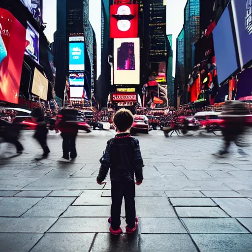 Image similar to a child being surrounded by giant smartphones on the busiest time square ever, photography, hyperrealism, cinematic, bokeh