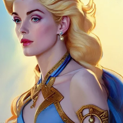 Prompt: A combination of Grace Kelly's and Katherine McNamara's and Ashley Greene's faces with blue hair as She-Ra, western, D&D, fantasy, intricate, elegant, highly detailed, digital painting, artstation, concept art, matte, sharp focus, illustration, art by Artgerm and Greg Rutkowski and Alphonse Mucha