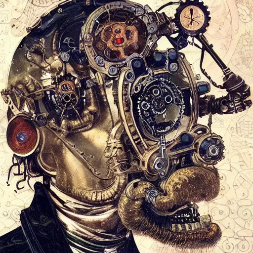 Prompt: portrait of charles darwin as a steampunk cyborg, clockwork automaton, hanafuda oil on canvas by ivan shishkin, james jean and yoji shinkawa