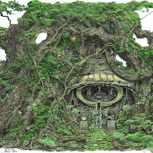 Prompt: hyper-detailed concept art for an ancient underground shrine with lots of vines and moss growing by masashi kishimoto