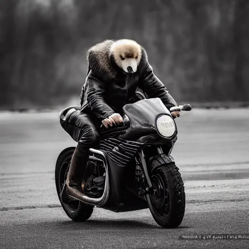 Image similar to A goose bird wearing leather aviator\'s hat, riding a motorbike, high speed effect, cinematic lighting, photo realistic image, 4K, super detailed, cinematic look, H 1024