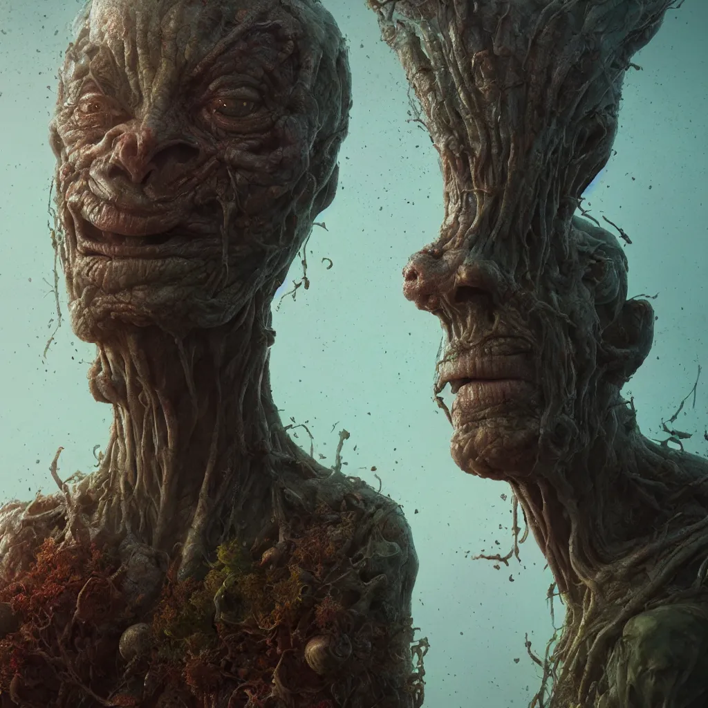 Image similar to extremely detailed cinematic movie still portrait of happy mashroom god hyperreal skin face by denis villeneuve, wayne barlowe, simon birch, marc simonetti, philippe druillet, beeple bright volumetric sunlight, rich moody colors, closeup, bokeh