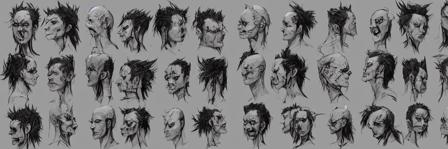 Prompt: character faces, realistic punk singer faces, rocker, aggressive, character sheet, fine details, concept design, contrast, kim jung gi, greg rutkowski and da vinci, trending on artstation, 8 k, emotional, face turnaround, front view, back view, side view, ultra wide angle