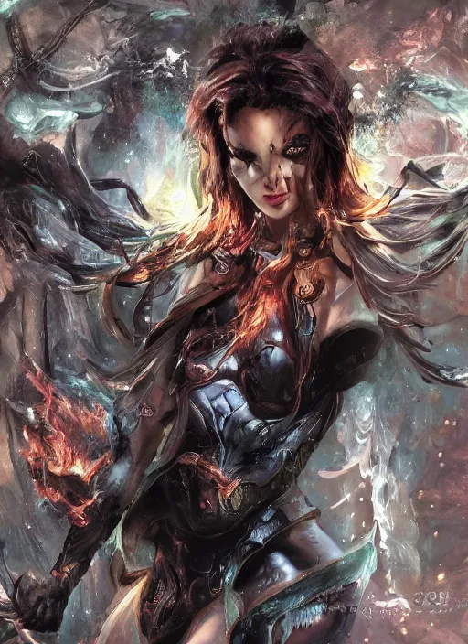 Image similar to front portrait hands behinds pose of attractive Starfire with ginger wavy hair , hands behind her pose!, Intricate overlay flames imagery , D&D!, fantasy style, sharp focus!, ultra detailed, art by Artgerm and Peter Andrew Jones, WLUP