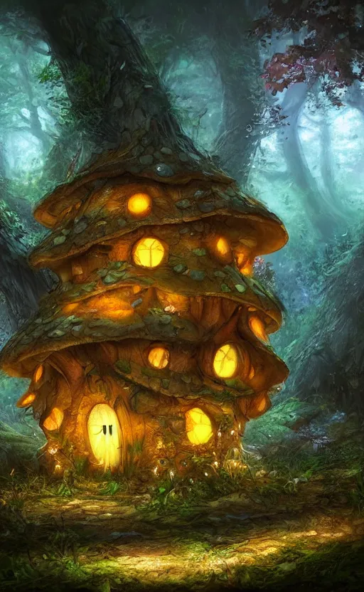 Prompt: a mushroom house in the middle of a forest at night, the lights are on, dynamic lighting, photorealistic fantasy concept art, trending on art station, stunning visuals, creative, cinematic, ultra detailed