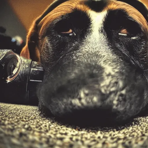 Prompt: dog sniffing camera, close-up, gopro image, worm's-eye view