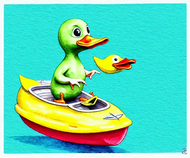 Image similar to cute and funny, duck riding in a tiny boat, ratfink style by ed roth, centered award winning watercolor pen illustration, isometric illustration by chihiro iwasaki, edited by craola, tiny details by artgerm and watercolor girl, symmetrically isometrically centered