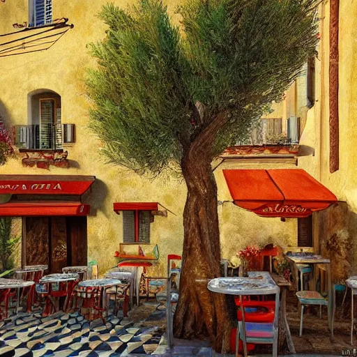 Prompt: a traditional pizzeria in the street of a small village on the riviera. a terrace in the shade of a hundred - year - old olive tree, a friendly atmosphere around pizzas and rose wine. dolce vita. unreal engine rendering, hyper realist, ultra detailed, oil painting, warm colors, happy, impressionism, da vinci,