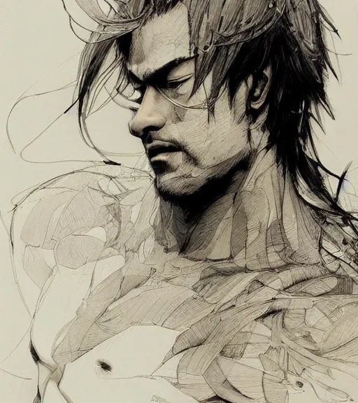 Image similar to portrait of anime zyzz, pen and ink, intricate line drawings, by craig mullins, ruan jia, kentaro miura, greg rutkowski, loundraw