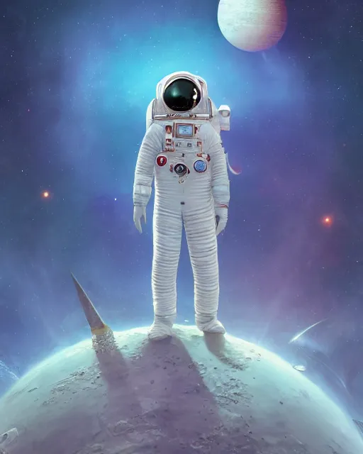 Image similar to wide shoot portrait of ethereal intricate cosmonaut lie relaxed on a crescent moon between the stars and the planets in outer space, cosmonaut post grunge concept art,high detail,4k, trending on artstation by Yoshitaka Amano, josan gonzalez and tyler edlin