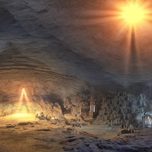 Prompt: large subterranean city with a big light source at the top of the cave, atmospheric